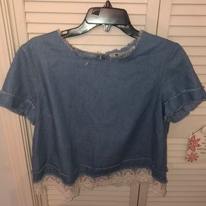 Super cute blue top with white lace on bottom